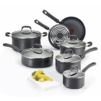T Fal 14 Piece Cookware Set T-fal E817SC Endura Hard Anodized Titanium Nonstick Dishwasher Safe Cookware Set, 12-Piece, Black by T-fal ()