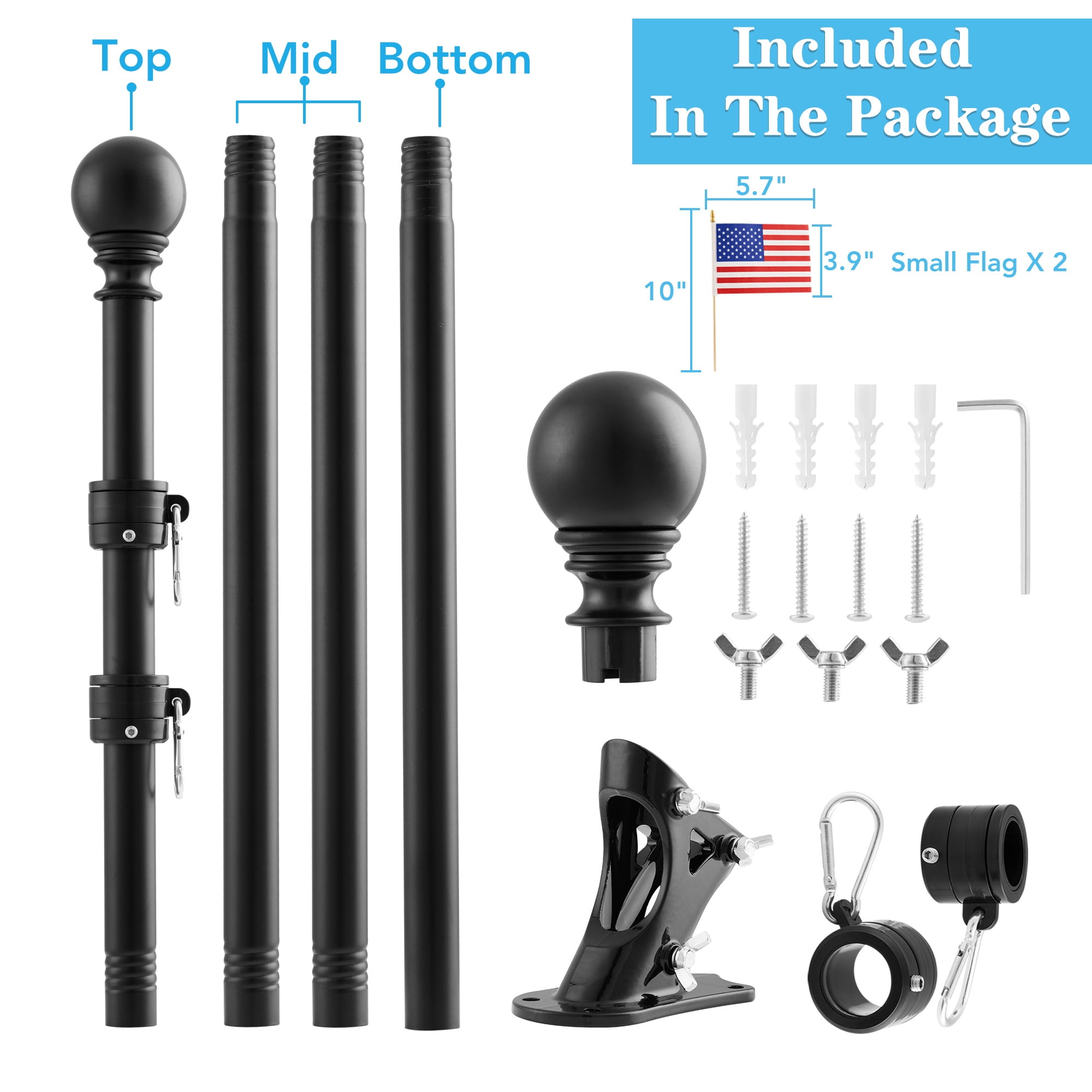 Widyana Metal Flag Pole 5Ft, Include a 3x5Ft US Flag, a Holder, Two No-Tangle Rings, 1 Set, Black
