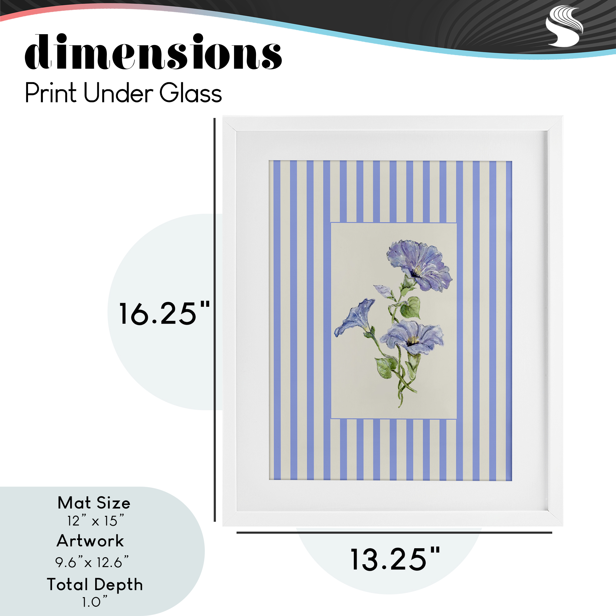 Blue Stripe Morning Glory White Framed Print Under Glass, design by Lisa Wehmeyer
