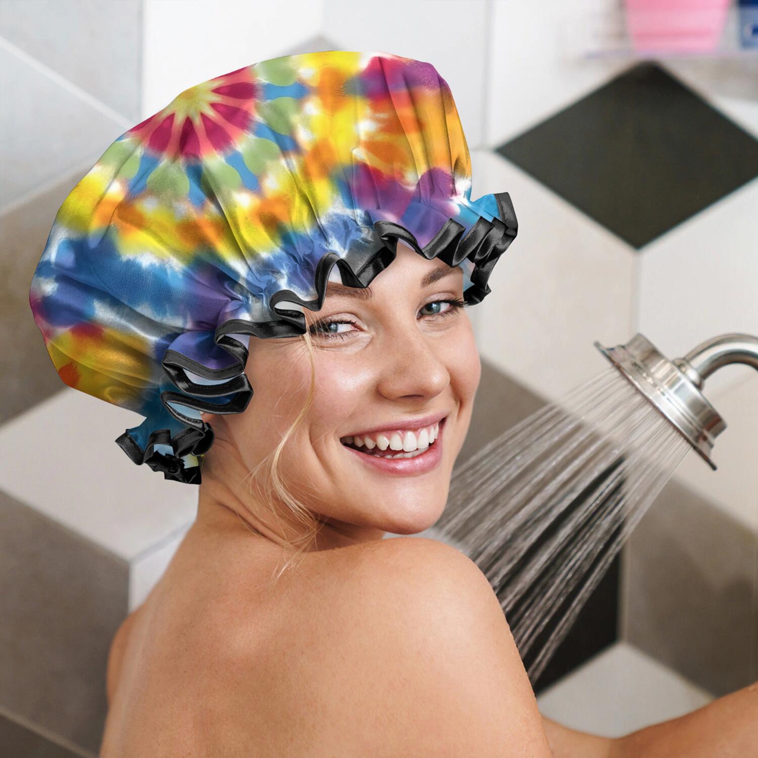 Shower Caps,Colorful Rainbow Tie Dye Spiral Pattern Waterproof Shower Cap for Women 4 Pieces,Double Reusable Hair Cover for Shower PEVA Elastic Stretch Hem