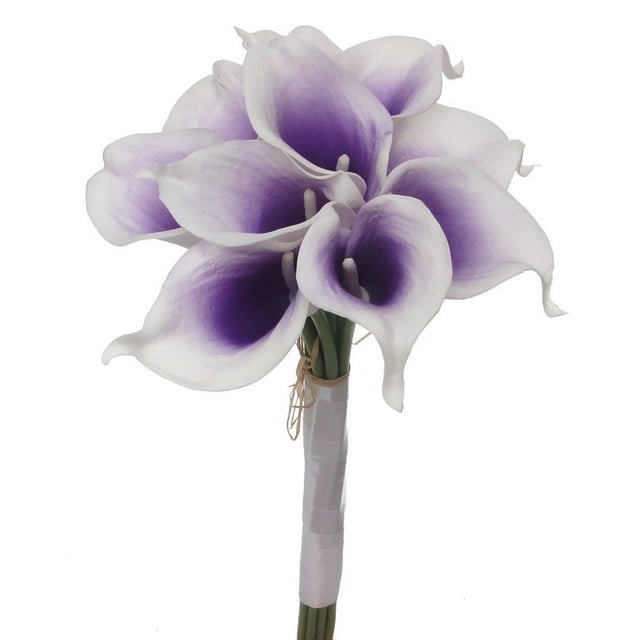 Lily Garden Mini 15" Artificial Calla Lily 10 Stem Flower Bouquets (Purple Center with Ribbon)