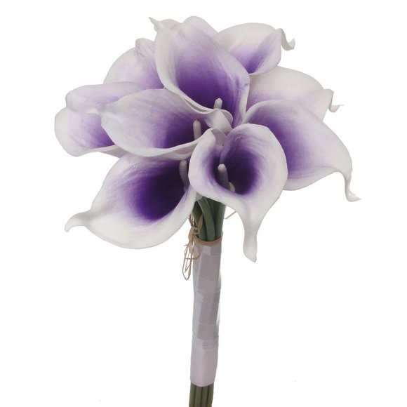 Lily Garden Mini 15" Artificial Calla Lily 10 Stem Flower Bouquets (Purple Center with Ribbon)