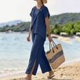 thumbnail image 3 of Pounoo Cotton Sets for Women 2 Piece Asymmetric Wrap Neck Single Button Short Sleeve Tops Contrast Edge Wide Leg Pants Casual Daily Outfits Gift, 3 of 6