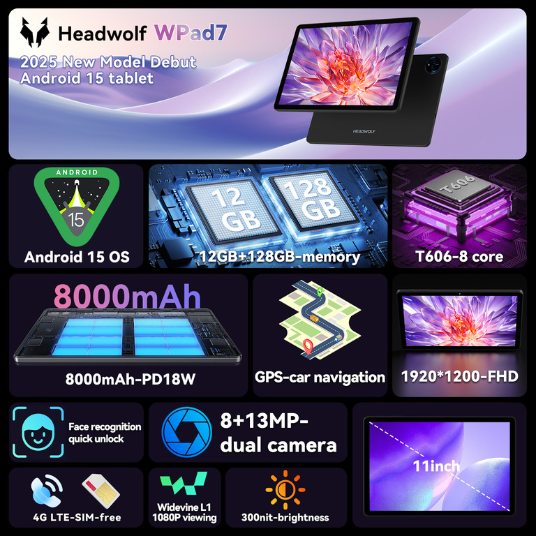 Free Shipping! HEADWOLF WPad 7 Android 15 Kids Tablet 11 Inch TÜV