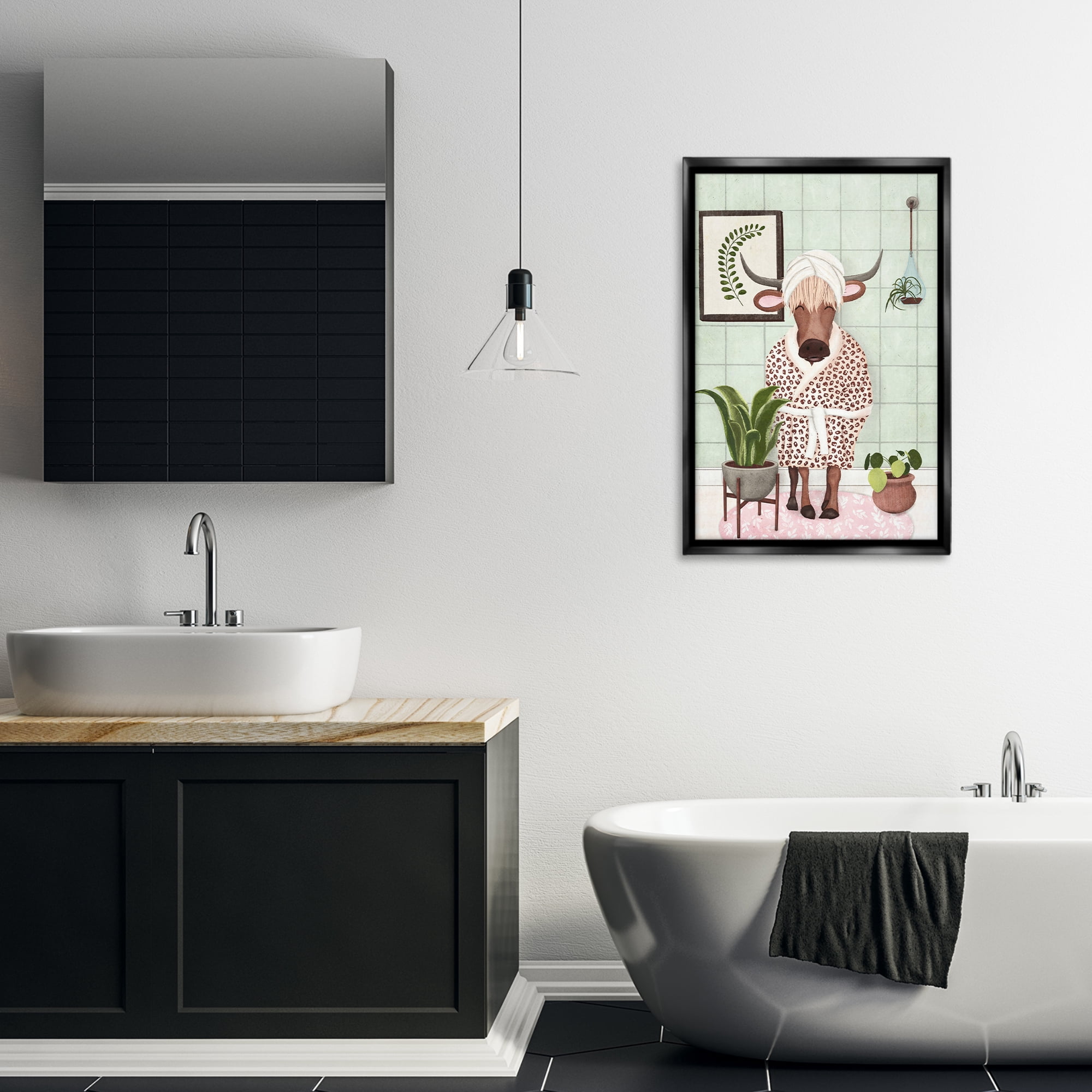 Stupell Industries Cow in Bathrobe Typography Painting Black Floater Framed Canvas Art Print Wall Art, 21 x 31