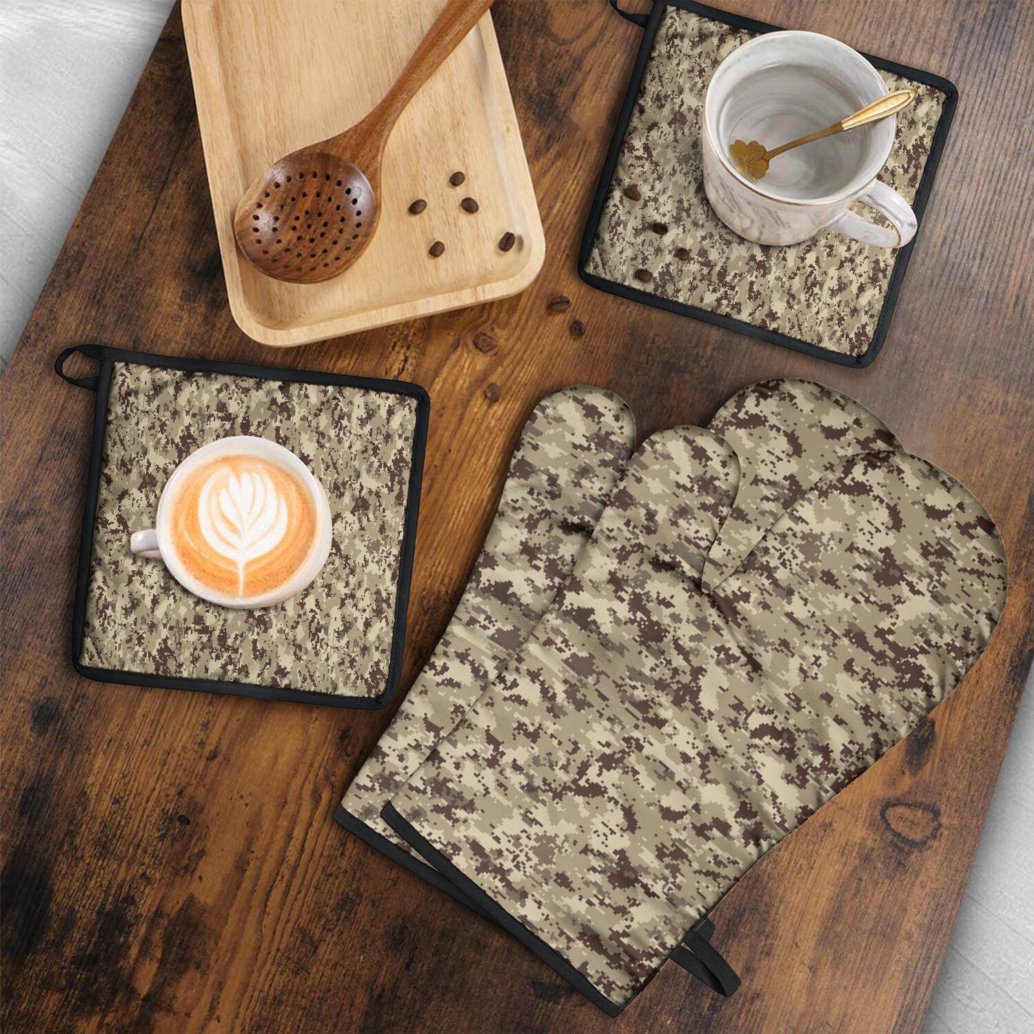 Camouflage Oven Mitts and Pot Holders Set Of 4, Heat Resistant Kitchen Gloves with Non-Slip Grip, Hanging Loop, Soft Cotton Lining for Baking, Cooking, Grilling, Barbecue
