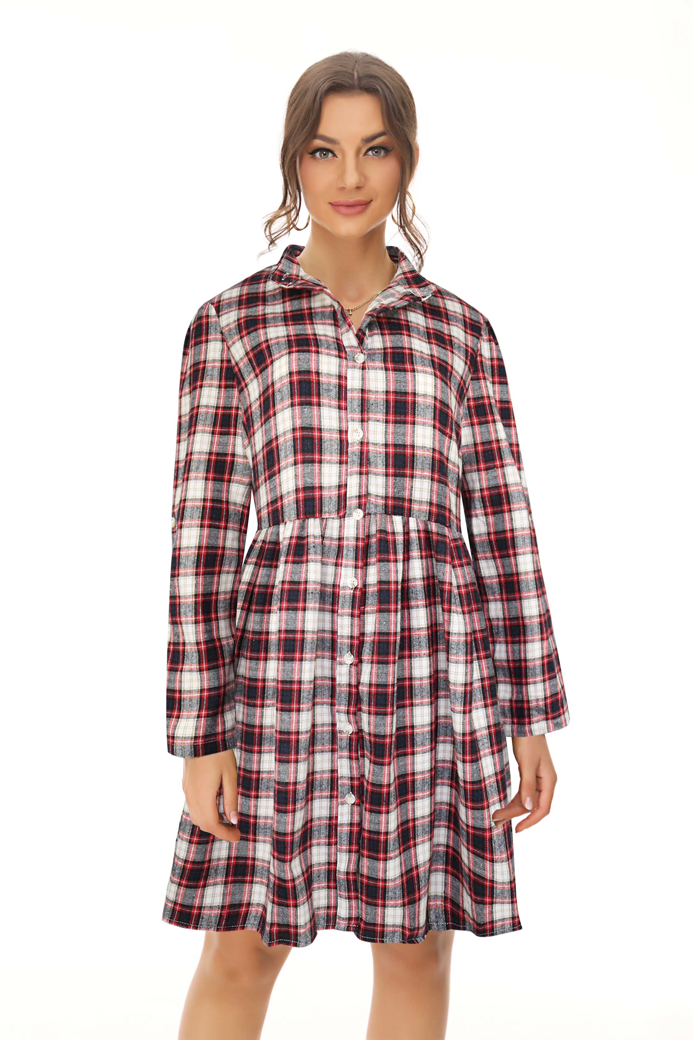 FANCYINN Women's Gingham Stand Collar Shirt Dress Buttons Up