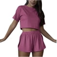 thumbnail image 1 of Yuyuzo Ensembles de Pyjama pour Femmes Deux Pièces Col Rond Manches Courtes Crop Top Taille Haute Shorts Loungewaer, 1 of 7