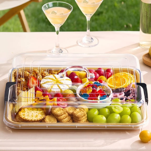 Norcho Charcuterie Board with Lockable Clear Lid, 11" × 14" Portable Cheese Board Serving Platter with Cover for Snacks, Fruit, Appetizers & Travel
