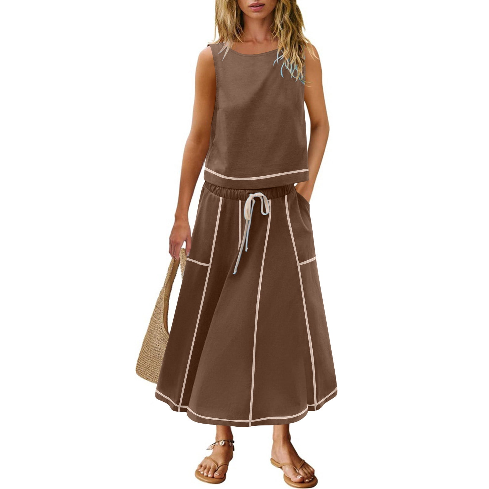 Sentmoon Womens 2 Piece Sets Boho Summer Dress Casual Sleeveless Maxi Dresses Spring Solid Color Regular Fit Cute Spring Dresses Trendy for Travel and Vacation Brown XXL