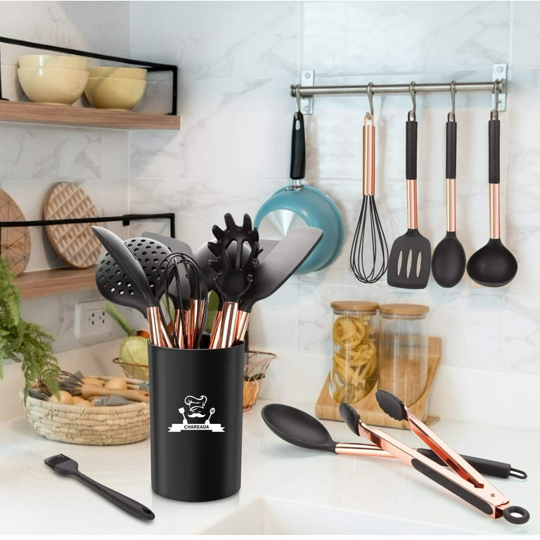 14 Pcs Silicone Cooking Kitchen Utensils Set with Holder, Wooden Handles  BPA Free Non Toxic Silicone Turner Tongs Spatula Spoon Kitchen Gadgets  Utensil Set for Nonstick Cookware (Khaki)