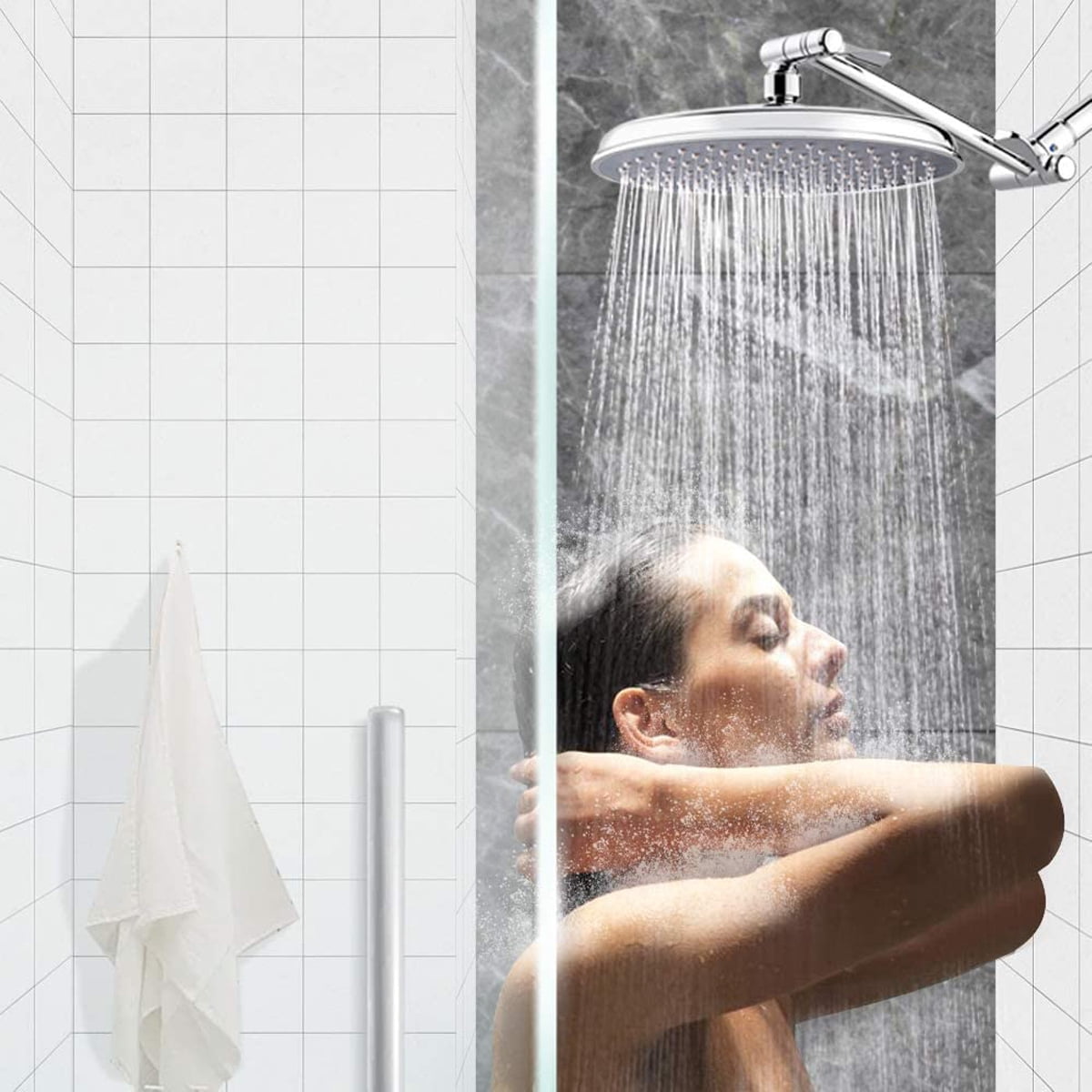 Adjustable Angle Shower Arm Extended Polished Chrome Bathroom Shower 9 Inch Round Rain Shower Head