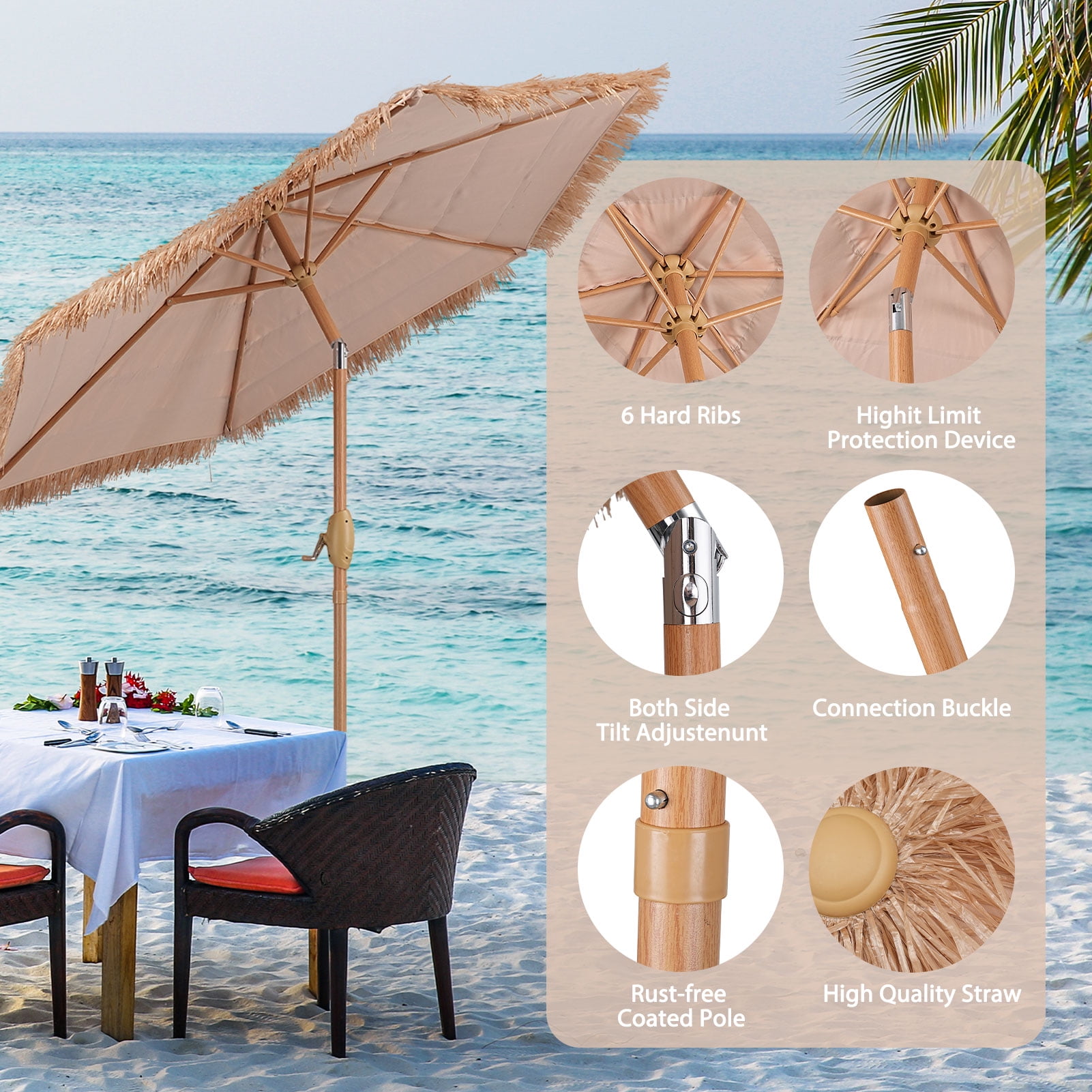 Autlaycil 7.5FT Grass Tiki Patio Umbrella Outdoor Table Umbrella with Push Button Tilt and Crank, Contain Umbrella Base