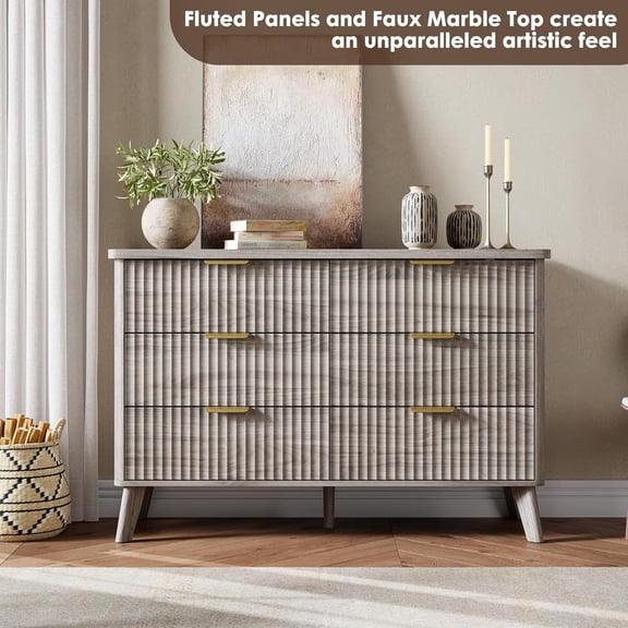 PYY Modern Fluted 6-Drawer Dresser – Curved Profile, Gold Handles, Thickened Durable Design, Wooden Storage Chest for Bedroom, Living Room, Hallway and Home Office – Gray Walnut Color