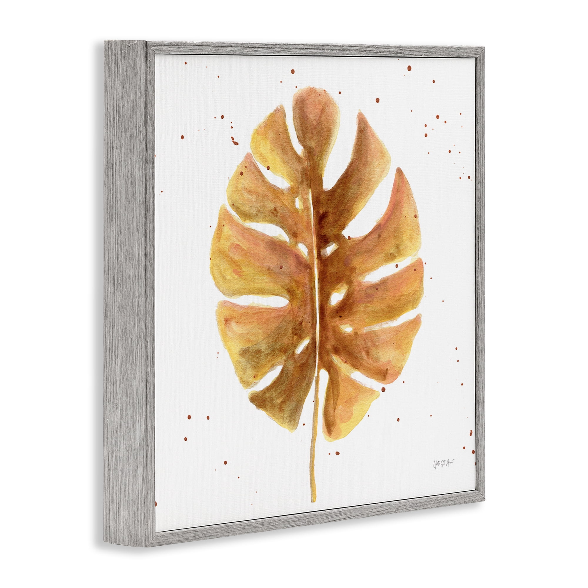 Stupell Industries Golden Palm Leaf Botanical & Floral Painting Gray Framed Art Print Wall Art, 24 x 24