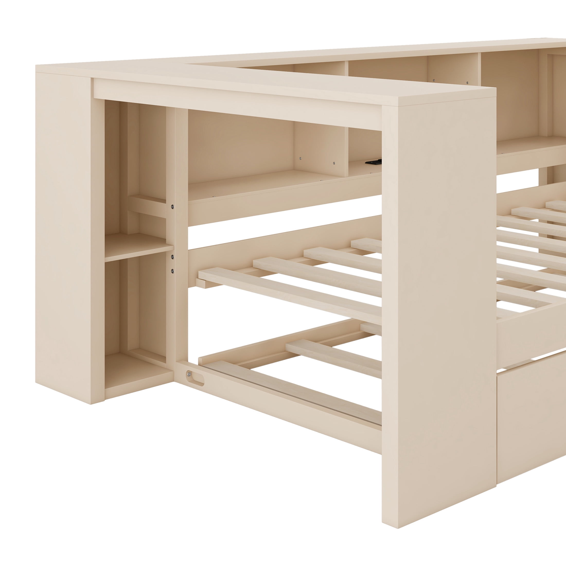 Noble House Twin Wooden Platform Bed, Upholstered Headboard, Storage Shelves, Charging Station and Trundle, Cream