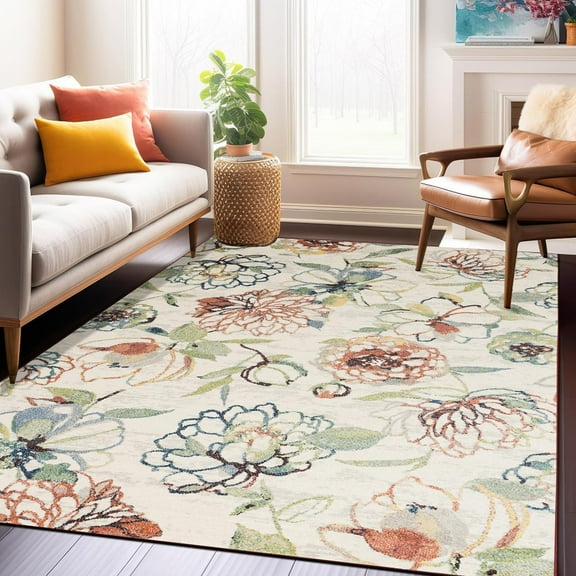 Retro Floral Multicolor Area Rug, Easy -Cleaning, Non Shedding, Pattern Printed Rugs For Bed Room, Living Room, Dining Room, Kitchen