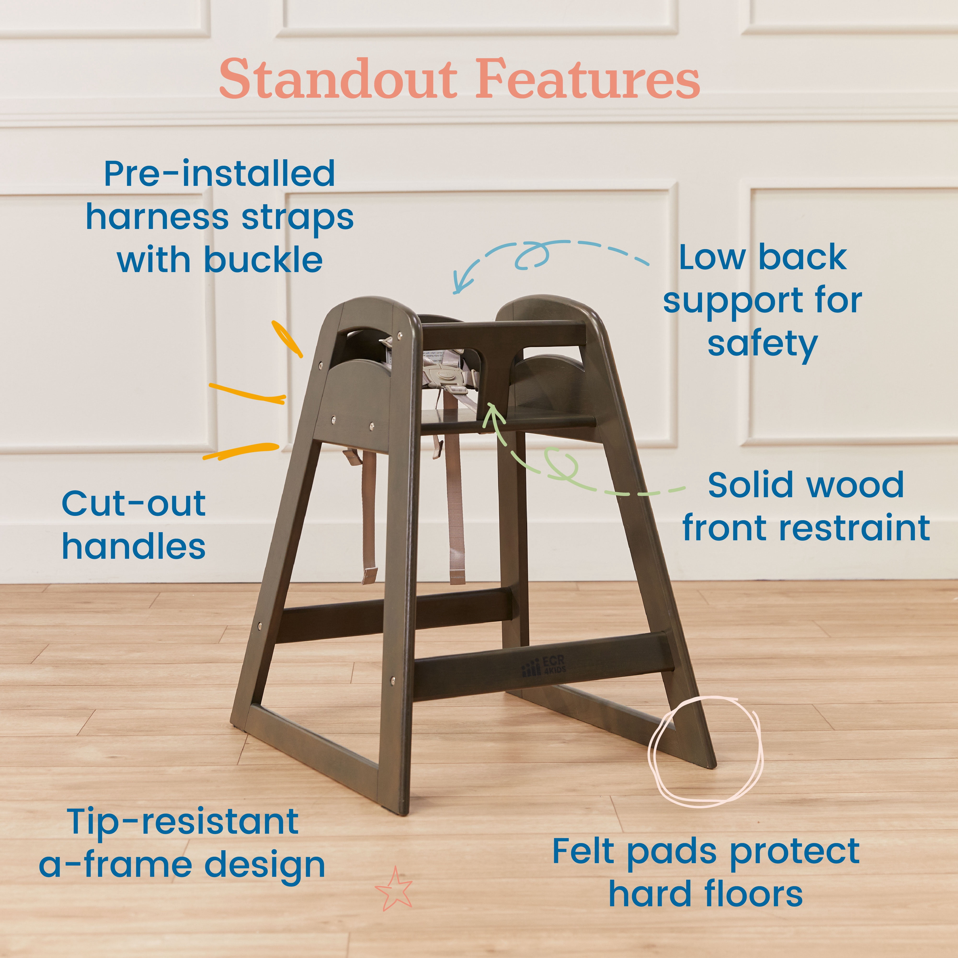 ECR4Kids ASATT Wooden Baby High Chair with Safety Strap, Childrens Furniture, Grey Wash
