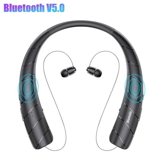 Bluetooth Headphones Speaker 2 in 1, TSV Wireless Headphones Neckband Wearable Speaker with CVC6.0 Noise Cancelling Mic, Retractable Earbuds Stereo Sound Sweatproof Headset with 48H Playtime, Black