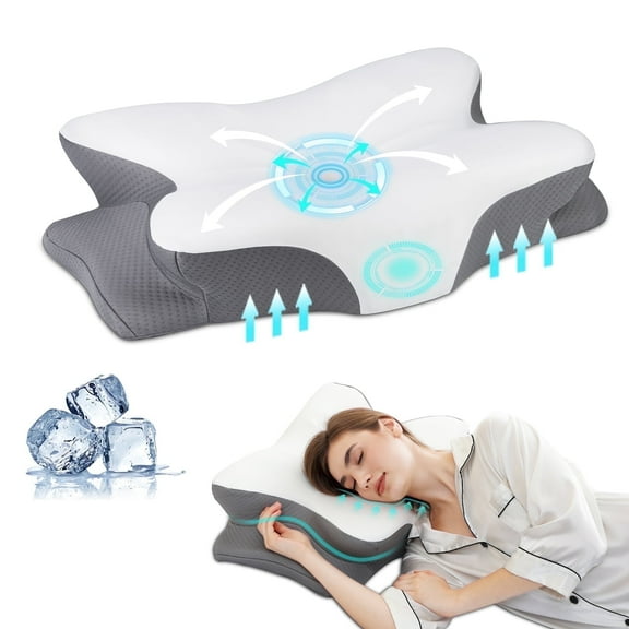 HBYGE Memory Foam Ergonomic Neck Pillow with Pillowcase for Sleeping, Grey White, 24.8" × 16.7" × 5.4"/3.5"
