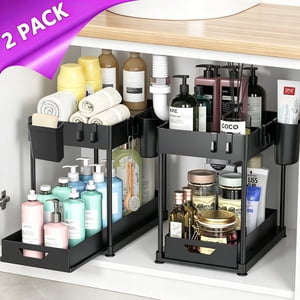 Kisportee Under Sink Organizer, 2-Pack with Hooks and Cups