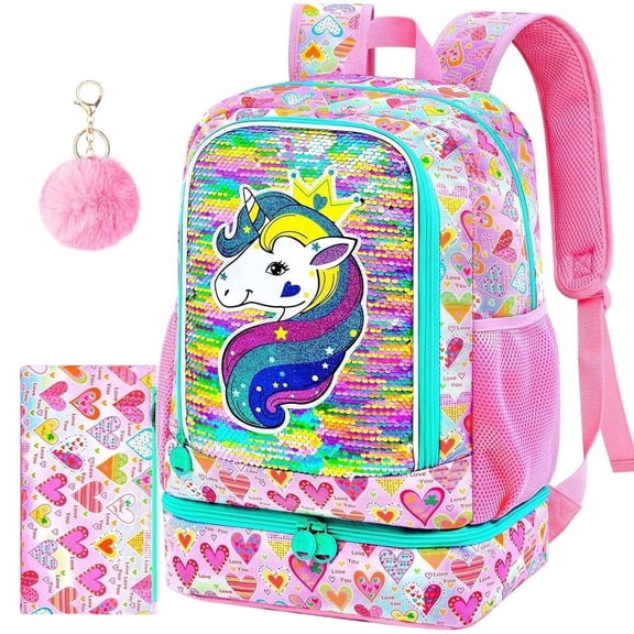 2-in-1 Unicorn Backpack for Girls,School Bookbag with Lunch Bag,17" Water Resistant Backpack for Preschool Elementary Student
