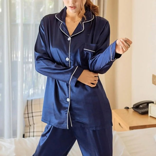 Conjunto De Pijama De satén De seda para mujer, ropa De dormir Sexy con camisa De manga larga y pantalones, para estar en casa