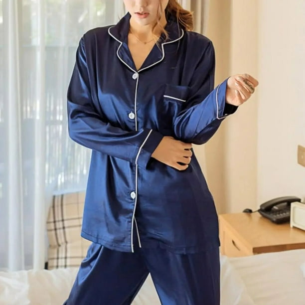 Conjunto De Pijama De satén De seda para mujer, ropa De dormir Sexy con camisa De manga larga y pantalones, para estar en casa