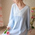 thumbnail image 3 of Defitshape Women's Cotton Pajama Dress Ladies Long Sleeve Victorian Nightgown Soft Vintage V Neck Frill Sleep Shirt Lace Patchwork Sleepwear Knee Length Midi Lounge Sleeping Nighty Blue Large, 3 of 5