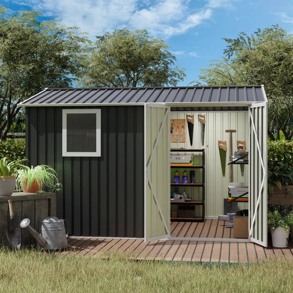Noble House 9x6 FT Metal Outdoor Garden Shed, Galvanized Steel Backyard Tool Storage House with Window, Grey