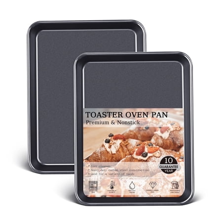 HONGBAKE 2 Pack 9.7"X7.6" Small Cookie Sheet, 57% Thicker Nonstick 1/8 Toaster Oven Pans, Heavy Duty Cookie Sheet Pan Set, Baking Sheet, Black
