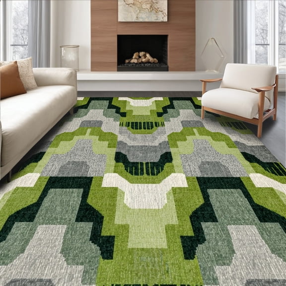ODIKA 4'x6' Machine Washable Non-Slip Area Rug, Sturdy Binding for Seams High Traffic Rug, Green, 104135