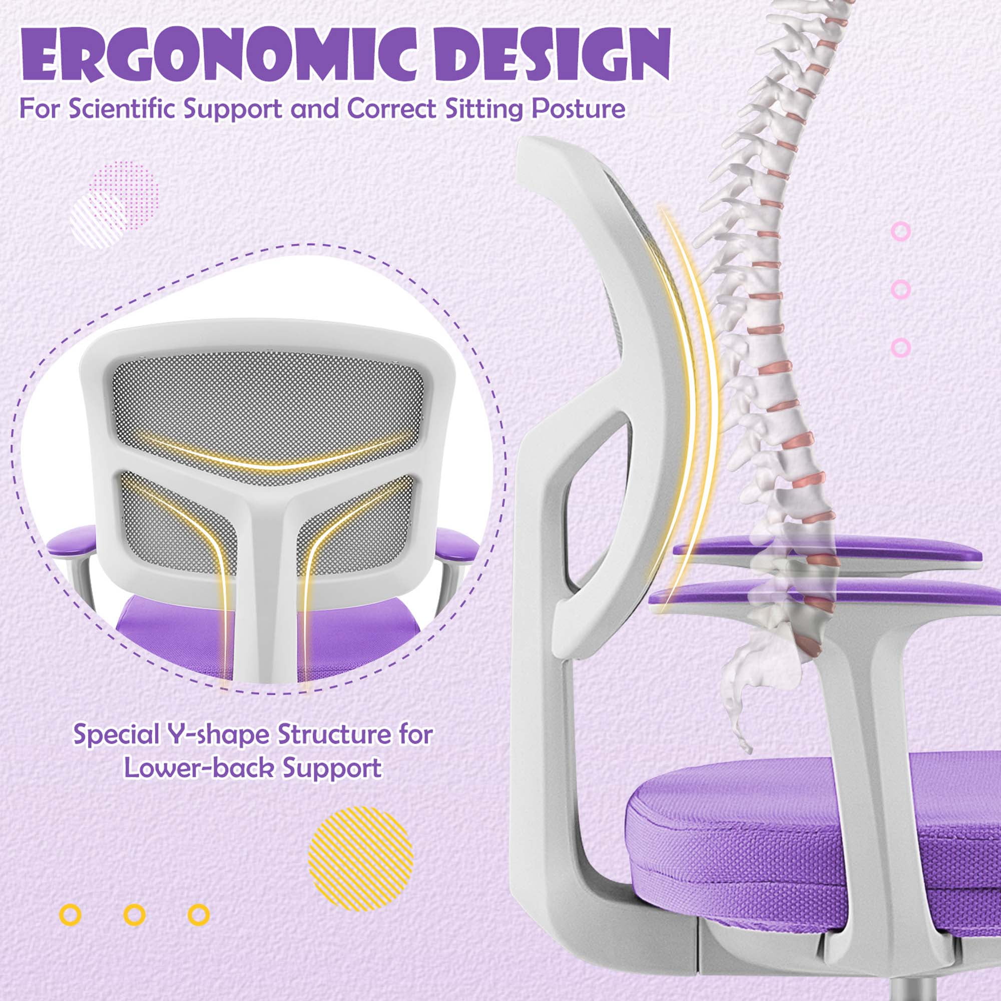 Costway Kids Mesh Armrests Height Adjustable 360-Degree Desk Chairs, Swive Purple