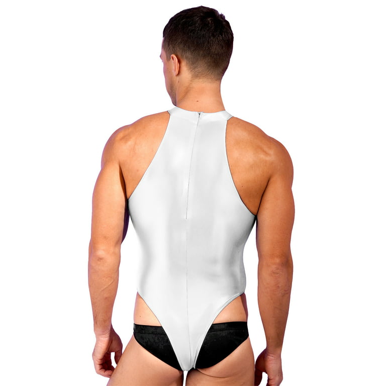 iEFiEL Mens Glossy Zipper Back Bodysuit One Piece Sleeveless Gymnastics  Training Swimming Leotard White XL