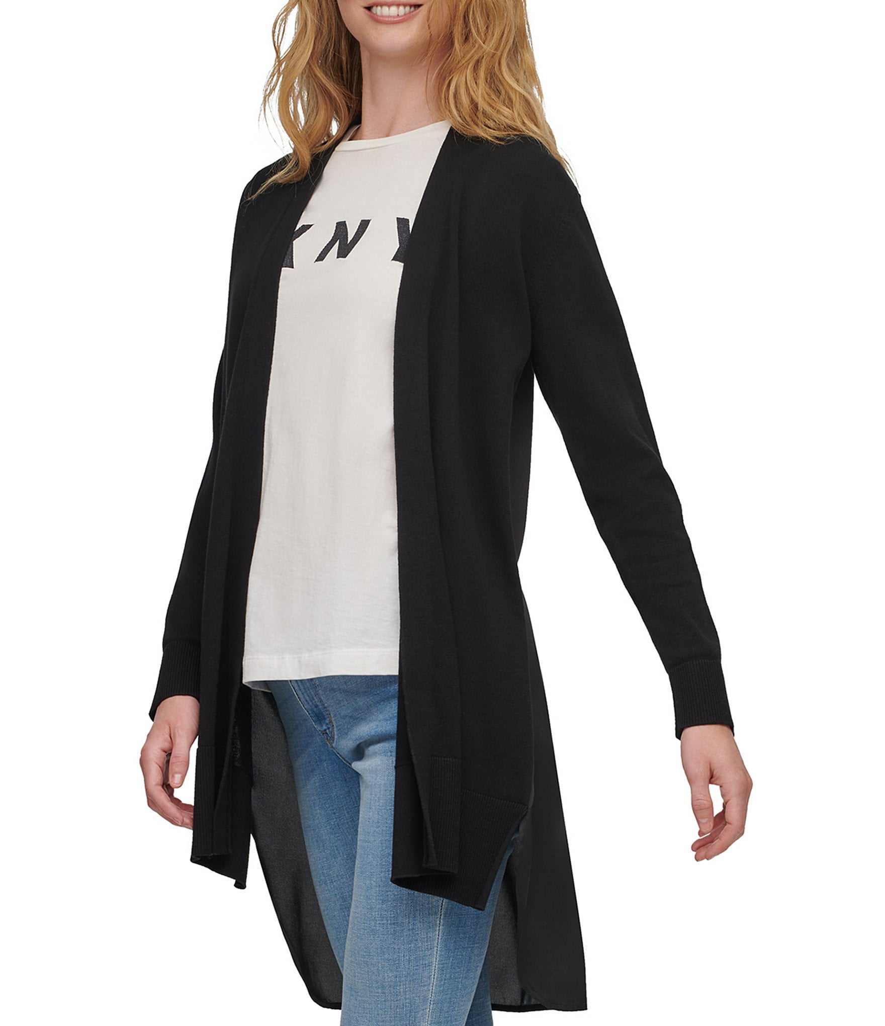 DKNY Womens Sweater Mixed-Media Open 