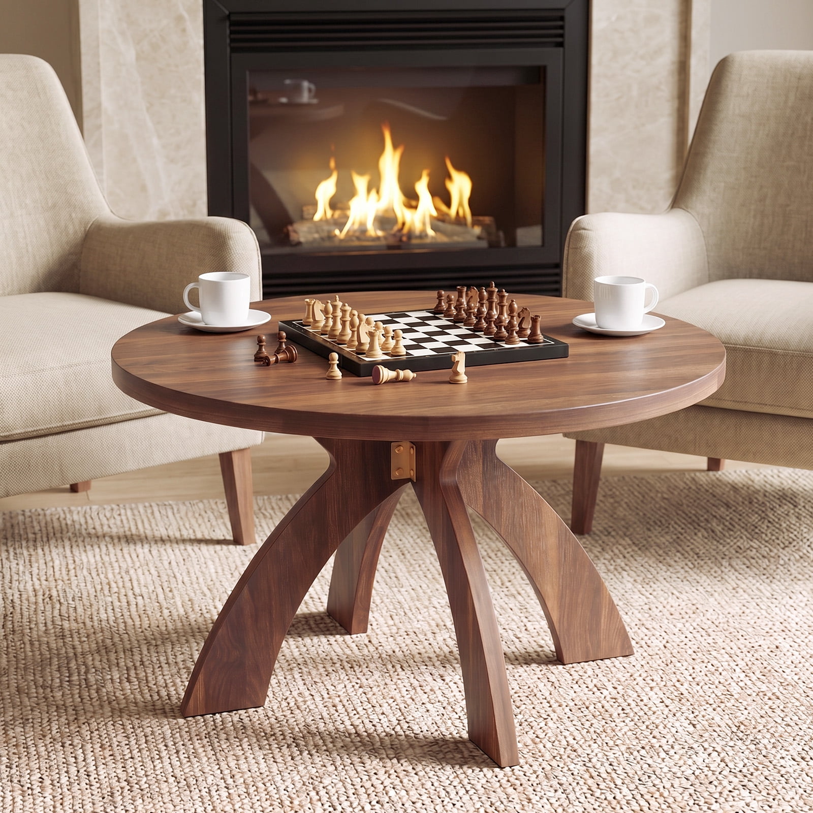 Astoutdoor Round Coffee Table, 31.5 in Walnut Brown MDF with Curved Cross Legs, Modern Minimalist Center Table for Living Room