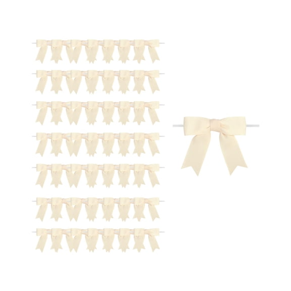 Ribbon Twist Tie Bows 50Pcs Mini Pretied Premade Craft Bows for Treat Bags Gift Wrapping Basket Wedding Baby Shower Brithday Party Supplies (Beige)