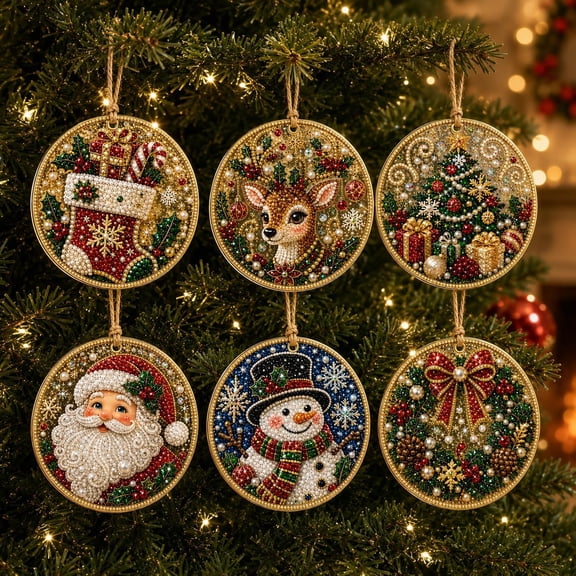 Christmas Pearl Diamond Painting Kit 6Pcs, DIY Ornament Set with Pearl Beads and Rhinestones for Holiday Decor