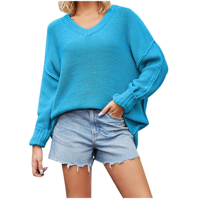 QUYUON Chandails en Molleton pour Femmes Liquidation Mode Chandails en Molleton Polyester Manches Longues Col en V chandail-Over Uni Style S-87 Extensible Chandails en Molleton Courts Coupe Régulière Bleu TG