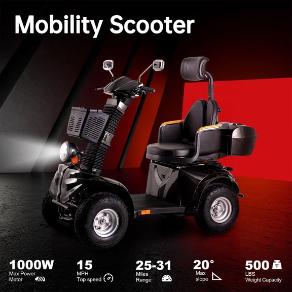 WJSHIPFOR Large Heavy Duty Mobility Scooters for Seniors & Adults 180KG Capacity -4 Wheel Motorized Scooter -1000W All Terrain Recreational Mobility Scooter with Adjustable Seat(Black)