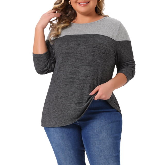 Blusa de mujer de talla grande Agnes Orinda, de punto, con cuello redondo, de manga larga, casual, suelta, en bloque de color 4X gris oscuro