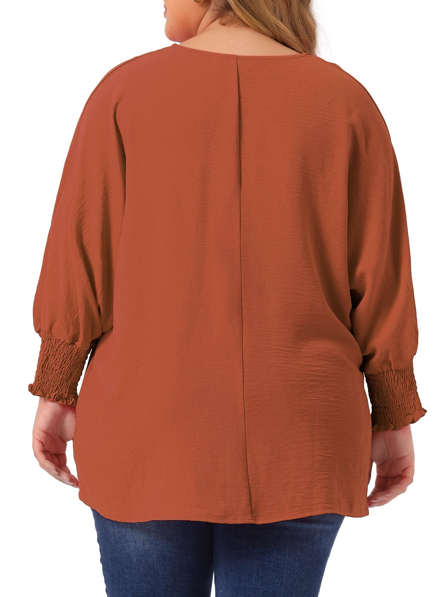 Unique Bargains Women's Plus Size Chiffon Tops Batwing Ruffle Long Sleeve Loose Blouses 3X Caramel
