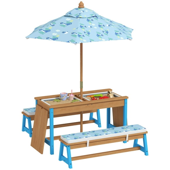 Qaba Kids Picnic Table, Wooden Outdoor Table and Bench Set w/ Umbrella Blue