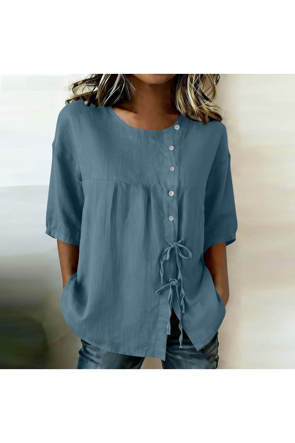 Womens 3/4 Sleeve Tie Front Top, Solid Washed Cotton Round Neck Blouse, Casual Side Split Summer Shirt Gift