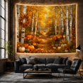 thumbnail image 6 of Birch Forest Path with Golden Foliage and Pumpkins on Leaves, Cozy Rustic for Nature Lovers, Autumn Woodland Art Print, Thanksgiving Gift, Tapestry Wall Hanging for Bedroom and Living Room, 6 of 7