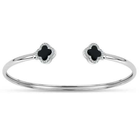 3mm Double Black Onyx and White Cubic Zirconia Sterling Silver Rhodium Plated Clover Memory Open Cuff Bangle