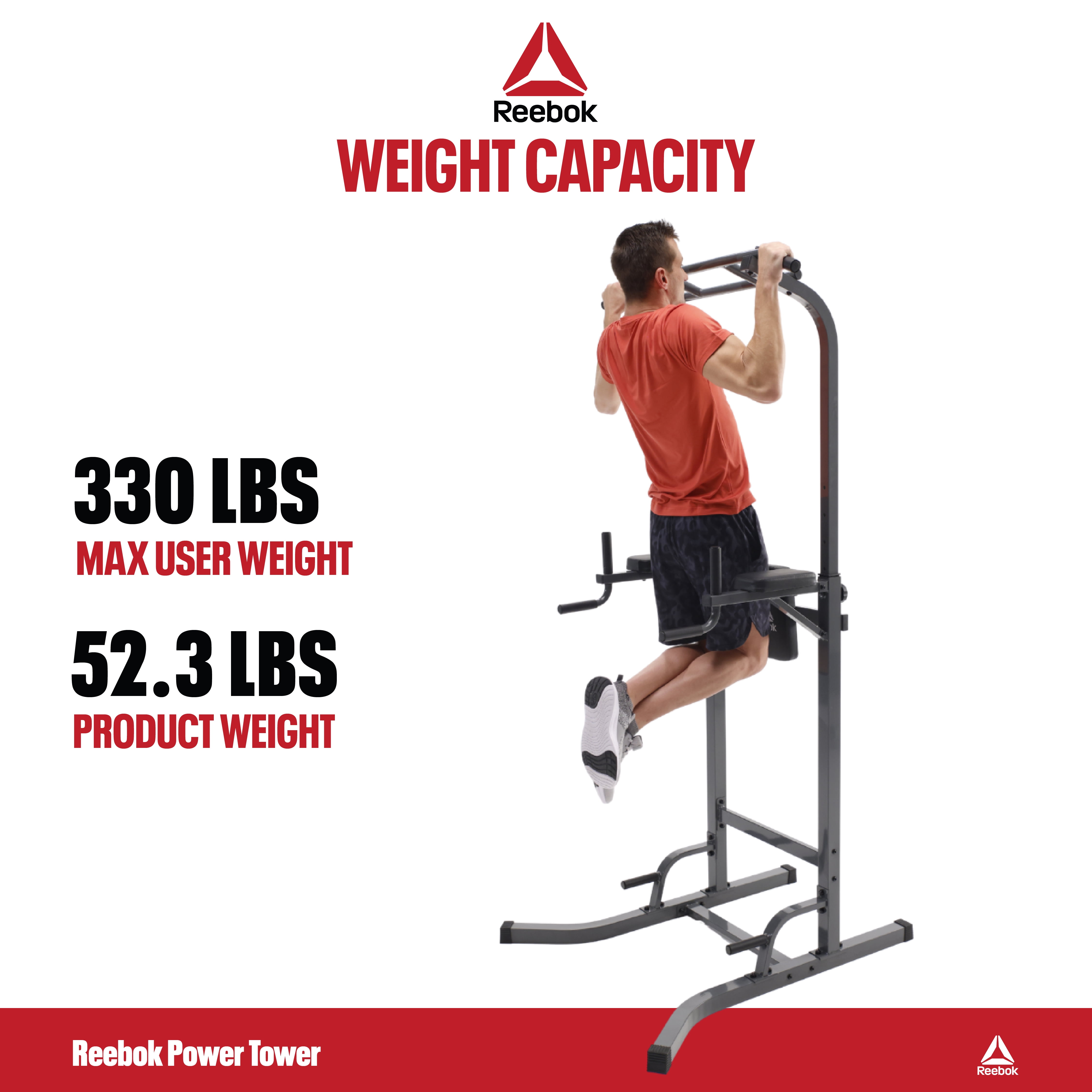 Reebok Power Tower – Home Gym for Pull-Ups, Dips & Core, 330 lb Capacity Heavy-Duty Steel
