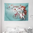 thumbnail image 1 of Cartoon Tapestry, "Love My Bike" Theme Girl with Bicycle Vintage Flowers Illustration, Wall Hanging for Bedroom Living Room Dorm Decor, 80W X 60L Inches, Dried Rose and Light Blue, by Ambesonne, 1 of 2