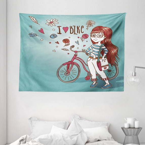 Cartoon Tapestry, "Love My Bike" Theme Girl with Bicycle Vintage Flowers Illustration, Wall Hanging for Bedroom Living Room Dorm Decor, 80W X 60L Inches, Dried Rose and Light Blue, by Ambesonne