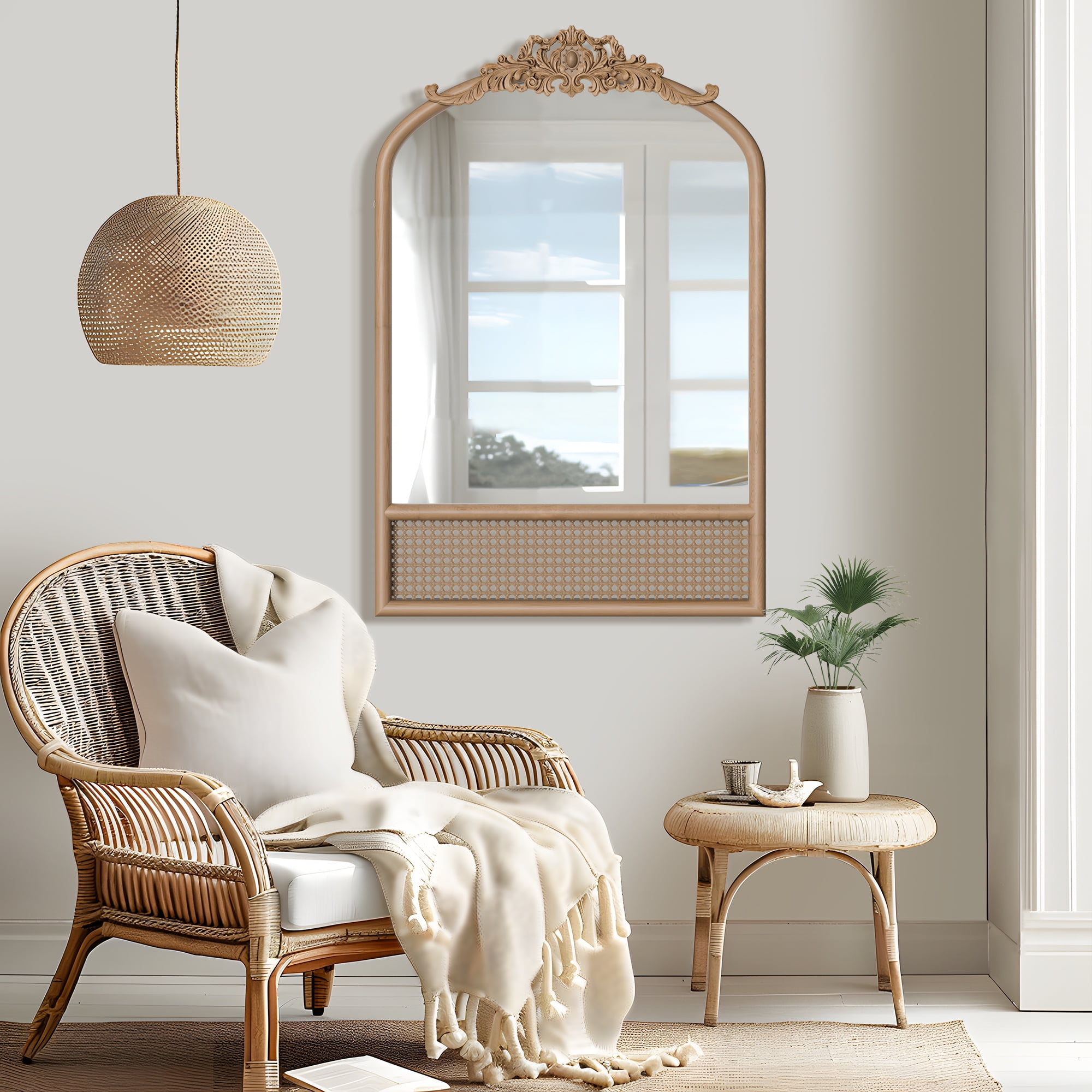 36"x24" Wood Rattan Wall Mirror Carved Arched Mirror,Natural